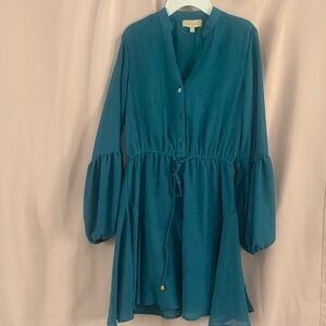 Teal Long-Sleeve Drawstring Waist Dress